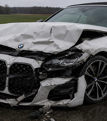BMW with visible front collision damage in a supplied before photograph