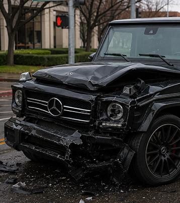 Mercedes-Benz with visible front collision damage in a supplied before photograph