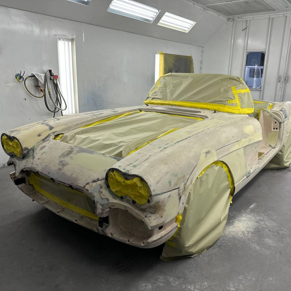 Vehicle masked during paint preparation inside the Calibri shop
