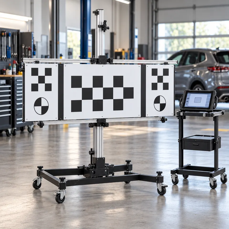 ADAS calibration stand with camera targets and a diagnostic tablet