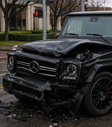 Black Mercedes-Benz SUV with substantial visible front collision damage in a supplied archive photograph