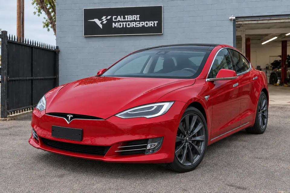 Illustrative view of a red Tesla outside Calibri Motorsport