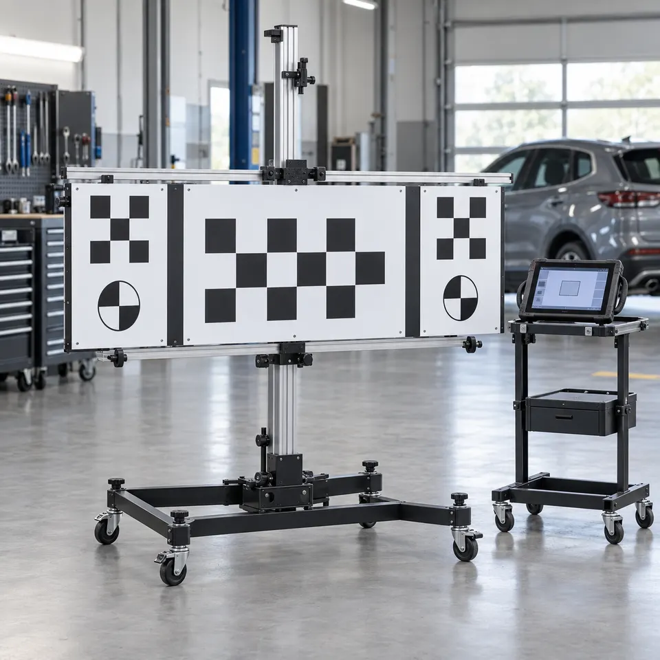 Illustration of an ADAS calibration stand with camera targets and a diagnostic tablet