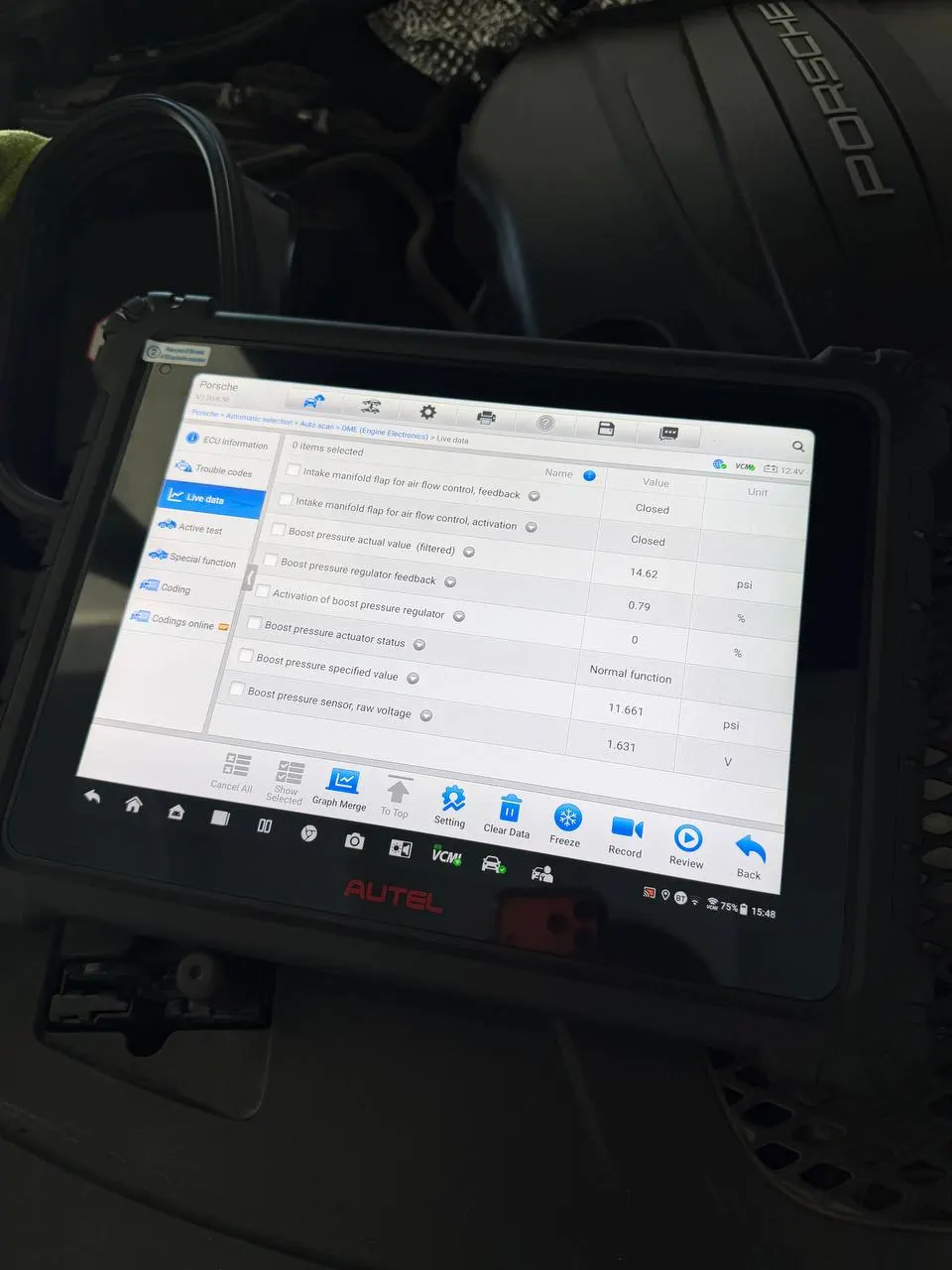 Diagnostic scan tool showing Porsche Macan boost-control live data after repair